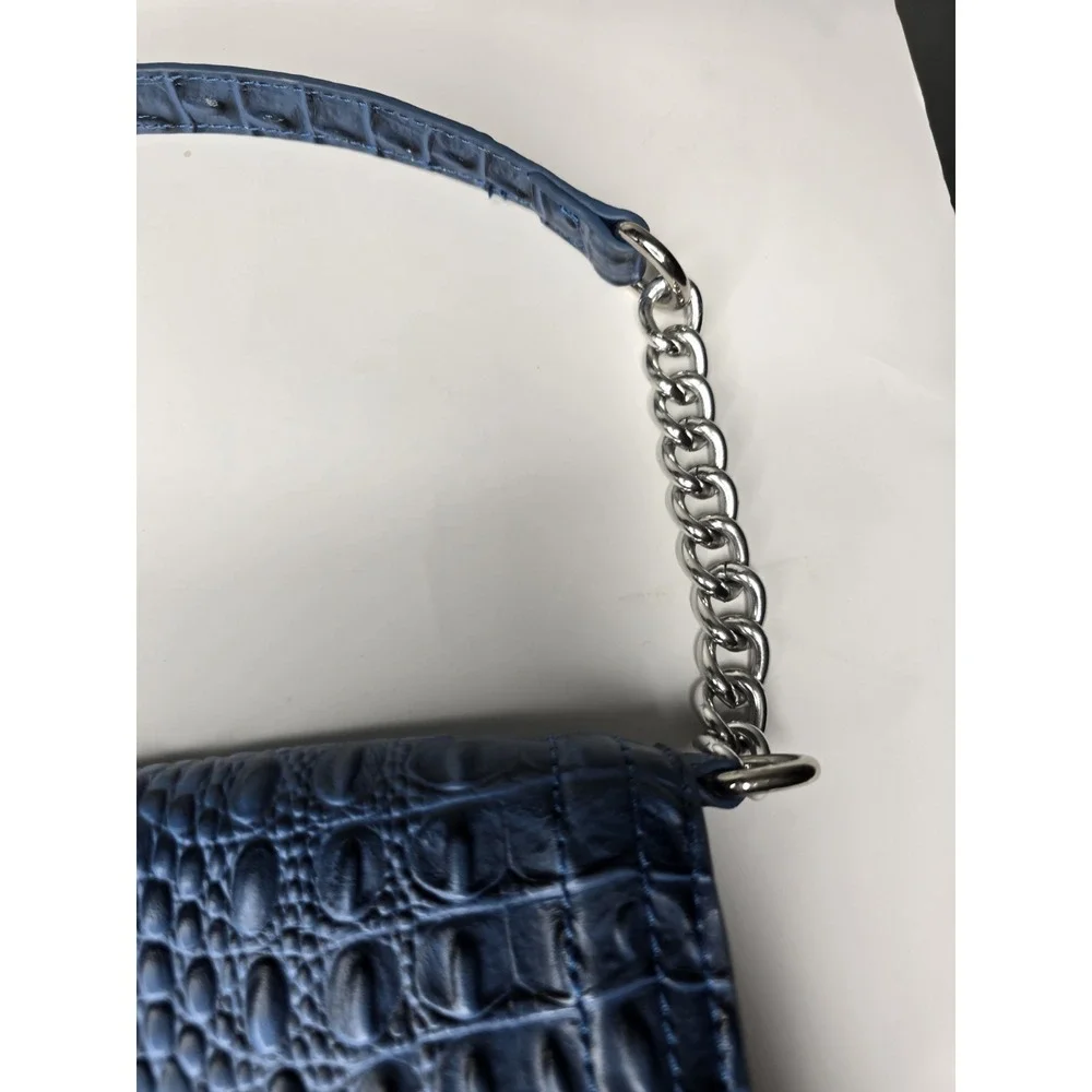 Mark Fisher Women's Purse Handbag Blue Croc Print Faux Chain Clutch Gold Snap